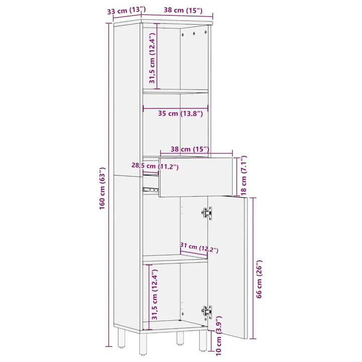 Badschrank Braun 38X33X160 Cm Massivholz Mango