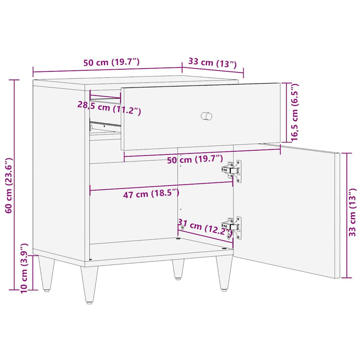 Nachttisch Hellgrau 50X33X60 Cm Massivholz Mango Anthrazit