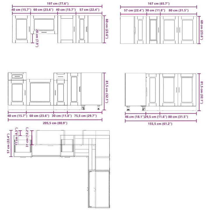 11-Tlg. Küchenschrank-Set Holzwerkstoff Räuchereiche