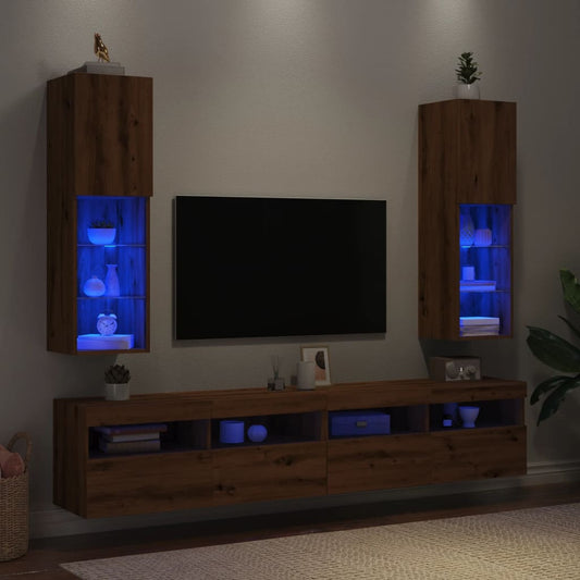 Tv-Schränke Mit Led-Leuchten 2 Stk. Artisan-Eiche 30,5X30X102Cm Eiche Handwerklich