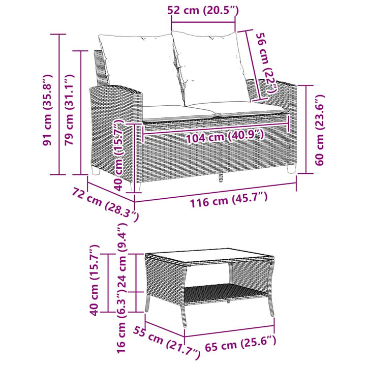 Gartensofa 2-Sitzer Mit Kissen & Tisch Poly Rattan