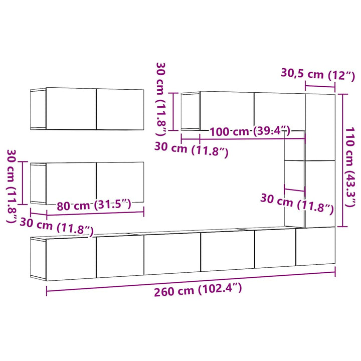 7-Tlg. Tv-Schrank-Set Wandmontage Altholz-Optik Holzwerkstoff