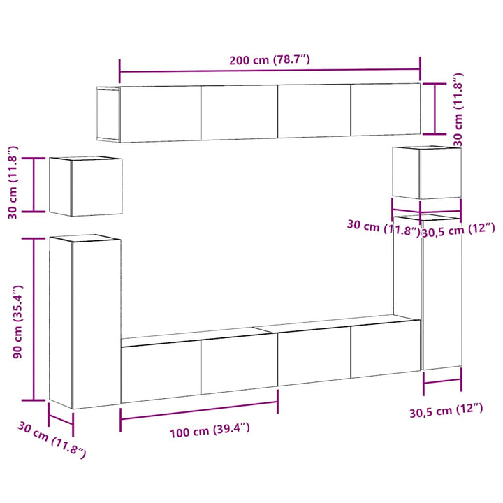 8-Tlg. Tv-Schrank-Set Wandmontage -Optik Holzwerkstoff