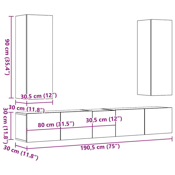 5-Tlg. Tv-Schrank-Set Wandmontage -Optik Holzwerkstoff