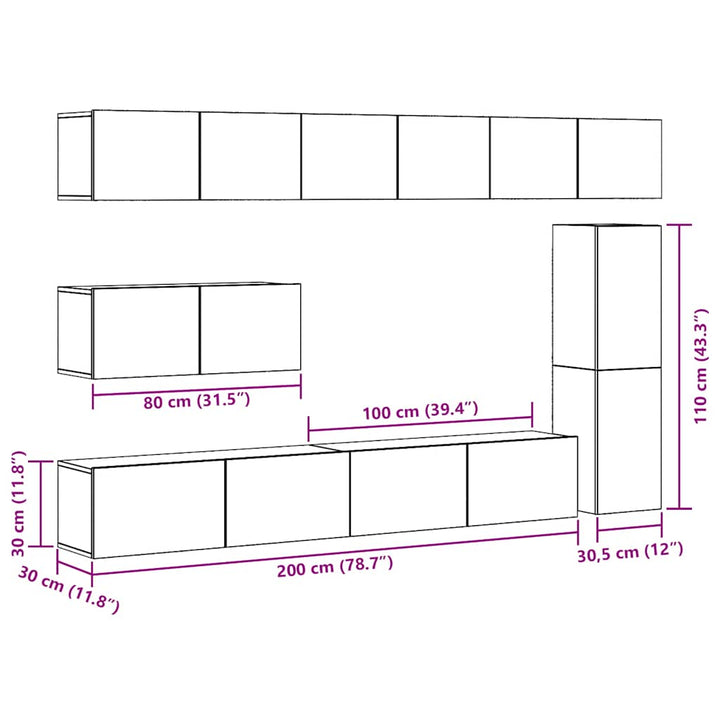 7-Tlg. Tv-Schrank-Set Wandmontage Artisan-Eiche Holzwerkstoff Dunkelbraun